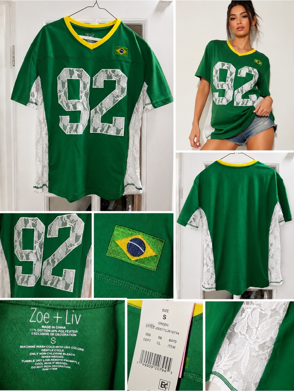 Zoe + Liv Brazil Green '92' Lace-Panel V-Neck Jersey with Yellow Trim